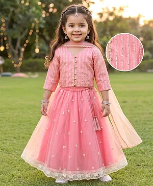 Babyhug Net Woven Three Fourth
                              Sleeves Embroidered Choli Lehenga Set With
                              Dupatta - Peach