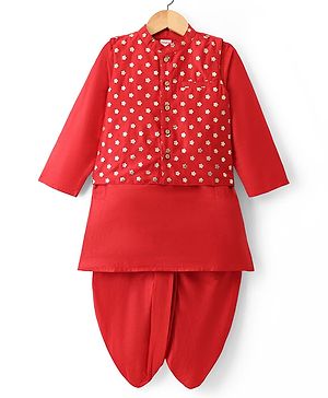 Babyhug Cotton Blend Woven Full Sleeves Kurta Dhoti Set with Polka Dot Printed Nehru Jacket - Red