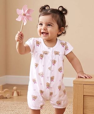 Babyhug 100% Cotton Interlock Knit Half Sleeves Romper With Teddy Print - Multicolor