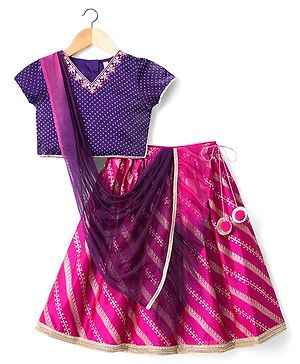 Babyhug Brocade Woven Half Sleeves Polka Dot Printed Choli Lehenga Set with Dupatta & Embroidery - Fuchsia