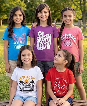 Pine Kids Cotton Knit T-Shirts Half Sleeves Graphic Print Multi Color 4-5 Years