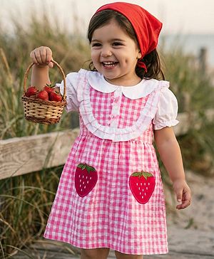 Babyhug Seer Sucker Half Puffed Sleeves Checkered Frock with Strawberry Patch - Pink & White