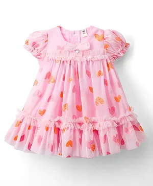 ToffyHouse Knit Half Sleeves Party
                              Dress With Heart Print & Bow Applique
                              - Pink
