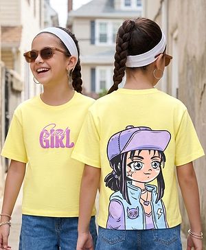 Pine Kids Cotton Knit Half Sleeves T-Shirt With Front & Back Girl Print - Yellow