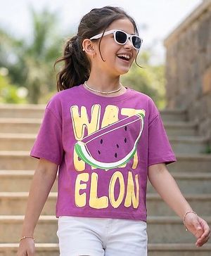 Pine Kids Cotton Knit Half Sleeves T-Shirt With Watermelon Print - Purple