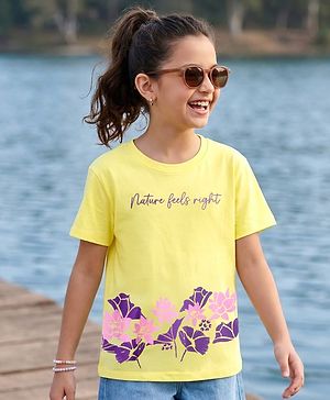 Pine Kids Cotton Knit Half Sleeves T-Shirt with Floral Print - Yellow