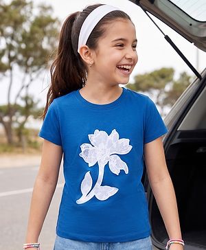 Pine Kids Cotton Knit T-Shirts Floral Applique Navy Blue 4-5 Years