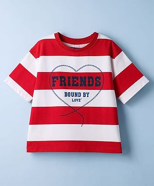 Pine Kids Cotton Knit T-Shirts Half Sleeves Round Neck Striped Graphic Regular White & Red 5-6 Years