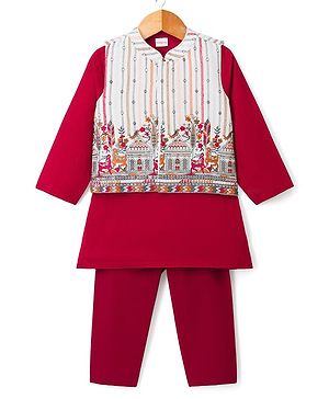 Babyhug Cotton Blend Woven Full Sleeves Kurta Pyjama Set with Embroidered Jacket - Wine