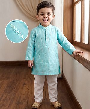 Babyhug Cotton Blend Woven Full Sleeves Kurta Pajama Set with Embroidery & Sequin Detailing - Light Blue