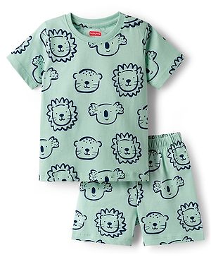 Babyhug Cotton Knit Half Sleeves Animal Printed T-Shirt & Short Co-Ord Night Suit - Sea Green