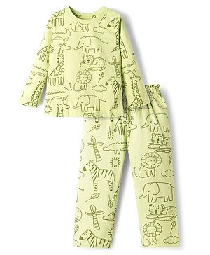 Babyhug Cotton Knit Full Sleeves Animal Printed T-Shirt & Pyjama Co-Ord Night Suit - Green