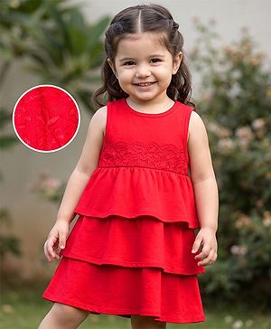 Babyhug 100% Cotton Knit Sleeveless Layered Frock With Lace Detailing - Red