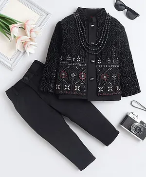 Fourfolds Velvet Woven Full Sleeves Floral Embroidered Sequins Embellished Sherwani With Trousers Set - Black