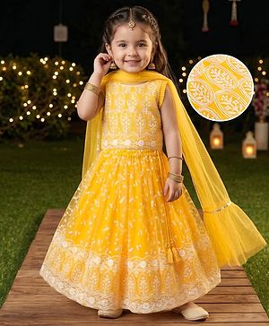 Babyhug Georgette Woven Sleeveless Choli Lehenga Set with Dupatta & Floral Embroidery - Yellow