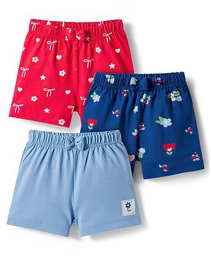 Babyhug Cotton Knit Mid Thigh Shorts With Floral & Bow Print Pack Of 3 - Multicolour