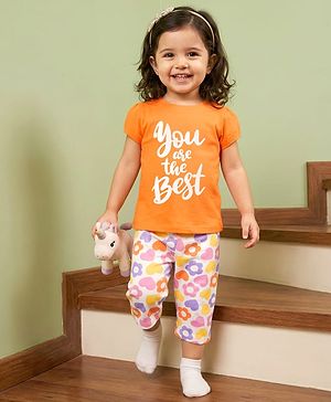 Babyhug Cotton Knit Half Sleeves Text & Floral Printed Capri Night Suit Set - Orange