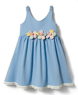 Babyhug Cotton Knit One Piece Dresses/Frocks Sleeveless with Gingham Flower Applique Blue 3-6 Months