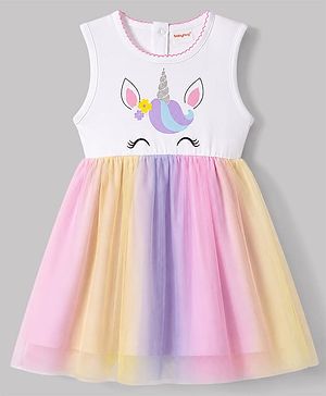 Babyhug Mesh Knit Sleeveless Unicorn Glitter Printed Frock - White