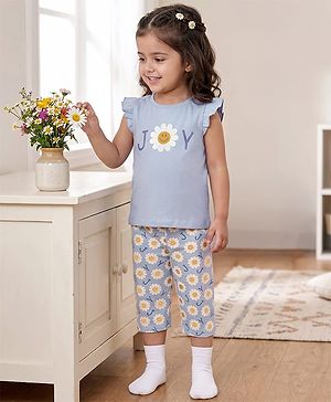 Babyhug Cotton Knit Frill Sleeves Floral Printed T-Shirt & Capri Night Suit - Light Blue