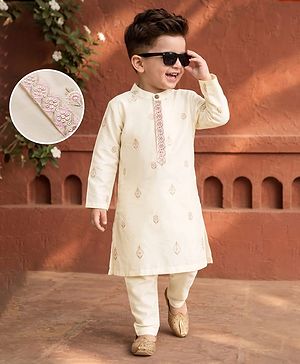 Babyhug Cotton Blend Woven Full Sleeves Kurta Pyjama Set with Floral Sequin Embroidery - Offwhite