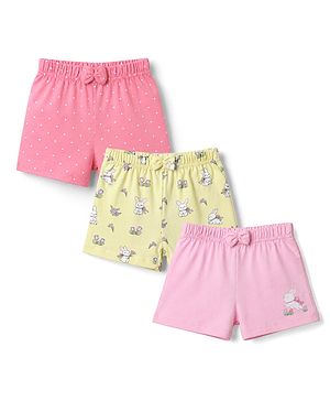 Babyhug Single Jersey Knit Mid Thigh Shorts With Polka Dots & Bunny Print Pack of 3 - Multicolor