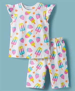 Babyhug Cotton Knit Frill Sleeves Co-ords T-Shirt & Capri Night Suit with Popsicle Print - White