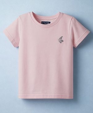 Pine Kids Cotton Knit Half Sleeves T-Shirt With Butterfly Glitter Print - Light Pink