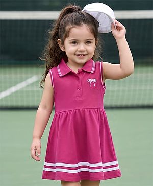 Babyhug  Knitted Sleeveless Polo Neck One Piece Dress/Frock With Bow Print - Pink