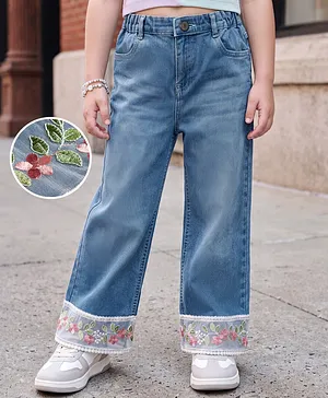 Mark & Mia Denim Cotton Lycra
                              Full Length Jeans With Floral Lace
                              Embroidery - Blue