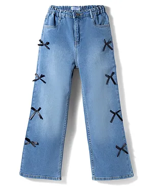 Mark &
                              Mia Cotton Lycra Full Length Denim Jeans
                              with Ribbon Bow Detailing - Blue