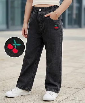 Mark & Mia Cotton Lycra Full
                              Length Denim Jeans with Papebag Waistband
                              & Cherry Embroidery - Black