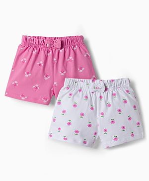 Babyhug Cotton Knit Mid Thigh Floral Printed Shorts With Bpw Applique Pack of 2 -Multicolour