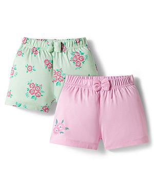 Babyhug Cotton Knit Mid Thigh Floral Printed Shorts Pack Of 2 - Multicolour