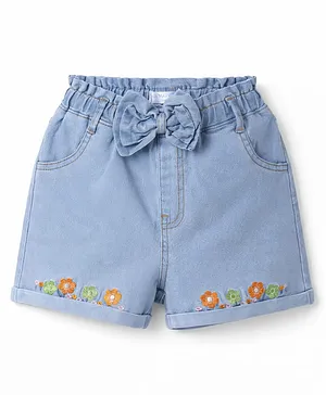 Mark & Mia Cotton Lycra Denim
                              Shorts With Floral Embroidery &
                              Applique - Blue