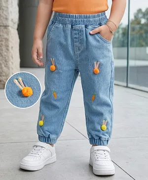 Mark & Mia Cotton Lycra Knit Full
                              Length Denim Jeans with Embroidery &
                              Pom Pom Detailing - Blue