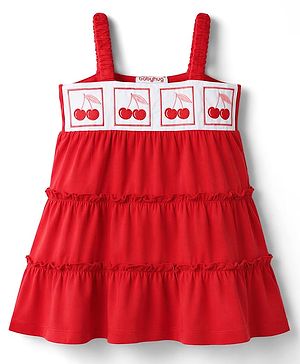 Babyhug 100% Cotton Knit Sleeveless Cherry Embroidered Tiered Frock - Red