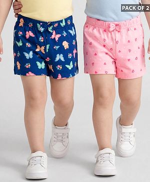 Babyhug Cotton Knit Mid Thigh Shorts with Floral & Butterfly Print & Bow Applique Pack of 2 - Navy Blue & Pink