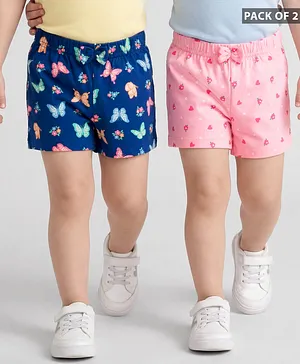 Babyhug Cotton Knit Mid Thigh Shorts
                              with Floral & Butterfly Print &
                              Bow Applique Pack of 2 - Navy Blue &
                              Pink