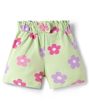 Babyhug Cotton Knit Mid Thigh Floral Printed Shorts With Bow Applique - Light Green