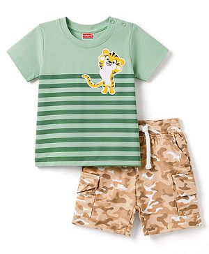 Babyhug 100% Cotton Single Jersey Knit Half Sleeves Striped T-Shirt With Lion Patch & Military Cargo Shorts Set - Green & Beige