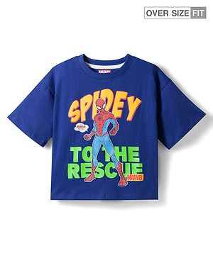 Pine Kids Marvel 100% Cotton Knit Drop Shoulder Half Sleeves T-Shirt With Spider Man Graphics - Navy Blue