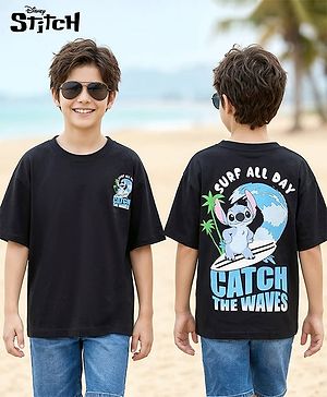 Pine Kids Disney 100% Cotton Knit Drop Shoulder Half Sleeves T-Shirt With Lilo & Stitch Front & Back Print - Black