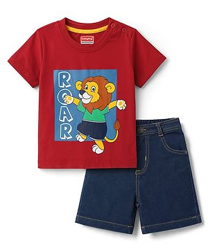 Babyhug Single Jersey Knit Half Sleeves T-Shirt & Denim Shorts With Lion Print - Red & Blue