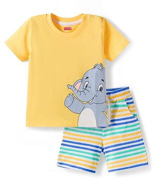 Babyhug Single Jersey Knit Half Sleeves Elephant Printed T-Shirt & Striped Shorts - Yellow, Blue & Green