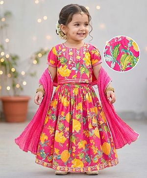 Babyhug Canbric Woven Half Sleeves Choli Lehenga Set With Floral Print & Dupatta - Pink