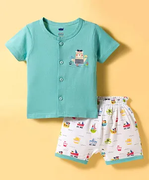 Simply Sinker Knit Half Sleeves
                              Animal & Nautical Theme Printed
                              T-Shirt & Shorts Night Suit - Aqua
                              Blue