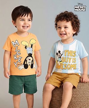 Babyhug Disney Cotton Knit T-Shirt with Mickey Mouse Graphic Half Sleeves Round Neck Multi Color 3-6 Months Pack of 2