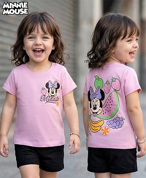 Babyhug Disney Single Jersey Knit Half Sleeves T-Shirt with Front & Back Minnie Mouse Graphics - Pink
