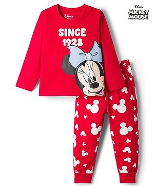 Babyhug Disney Single Jersey Knit Full Sleeves T-Shirt & Pyjama Night-Suit With Minnie Mouse Graphics - Red